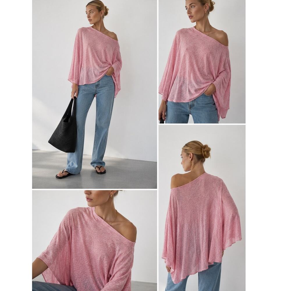 White + Warren Pink Linen Blend Two Way Poncho Top Boho Resort OS